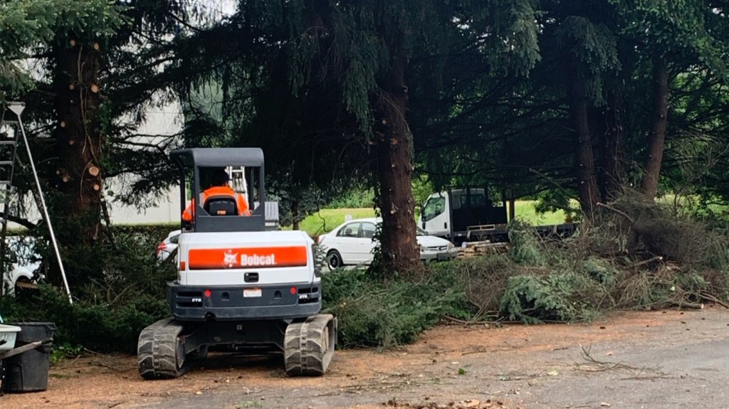 Backhoe and trimmed branches on the ground at new Pet Adoption Center