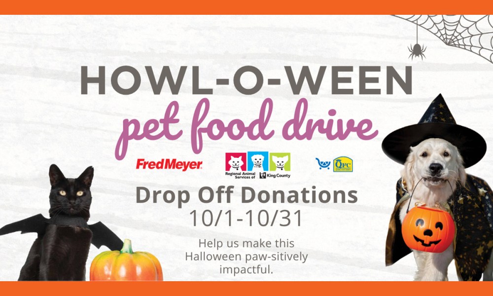 Howl-O-Ween Pet Food Drive graphic with Fred Meyer, RASKC, and QFC logos and cat and dog in festive Halloween outfits.