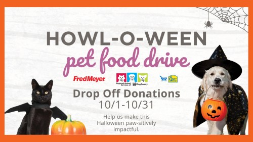 Howl-O-Ween Pet Food Drive graphic with Fred Meyer, RASKC, and QFC logos and cat and dog in festive Halloween outfits.